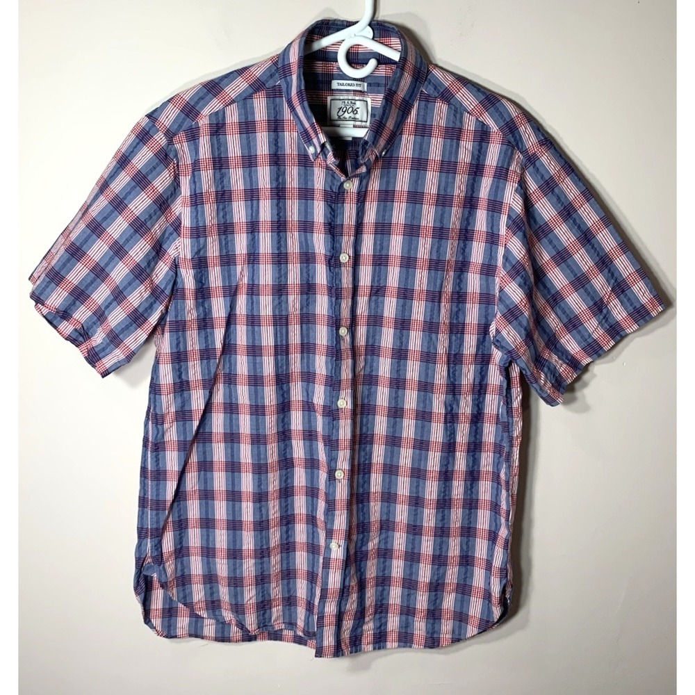 Jos A Bank Seersucker Shirt Mens Large Plaid Red White Blue 100% Cotton Preppy